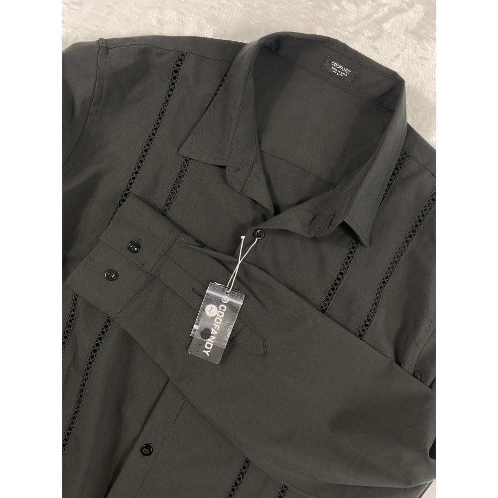 NWT Coofandy Button Up Shirt Men Sz L Black Long Sleeve Vacation Cuban